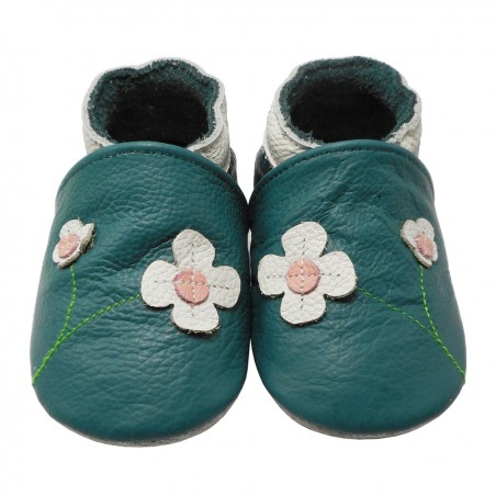 Yalion® Baby genuine leather Shoes Soft Soles Flowers Turquoise
