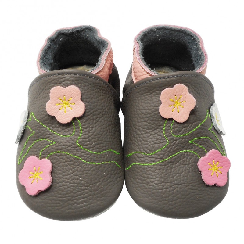 Yalion® Baby genuine leather Shoes Soft Soles Flowers Light Grey